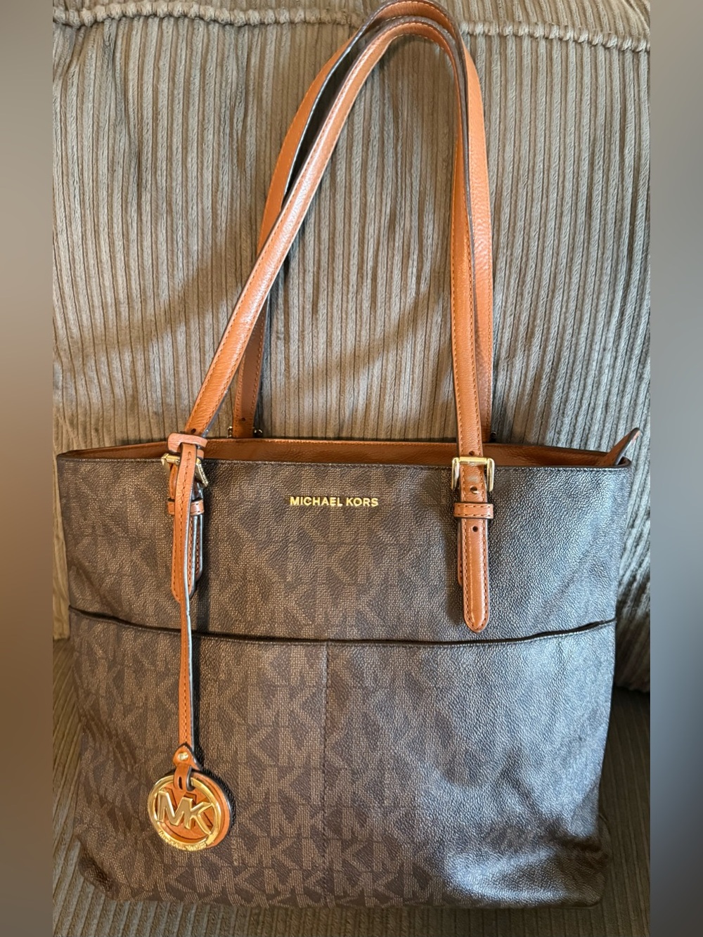 Michael Kors Bedford Large Pocket Tote Brown Signature PVC Canvas Bag Purse